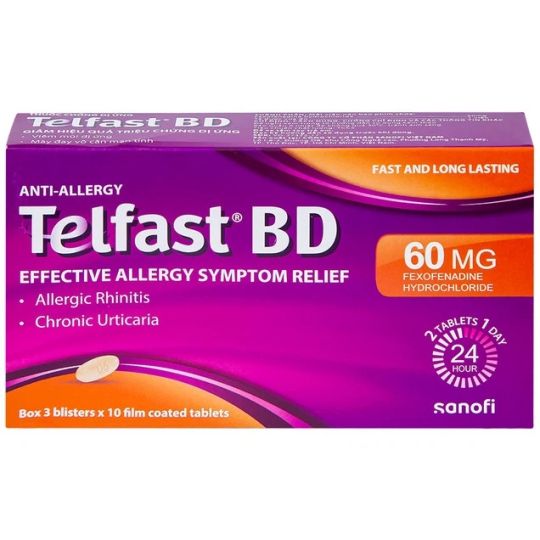 Viên nén bao phim Telfast BD 60mg Sanofi giảm hiệu quả triệu chứng dị ứng (3 vỉ x 10 viên)