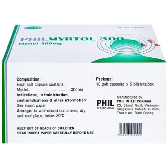 Thuốc Philmyrtol 300mg Phil điều trị viêm phế quản cấp, mạn tính (6 vỉ x 10 viên)
