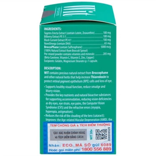 Viên nang WIT For Your Eyes Ecogreen tăng cường thị lực, giảm mờ và nhòe mắt (30 viên)